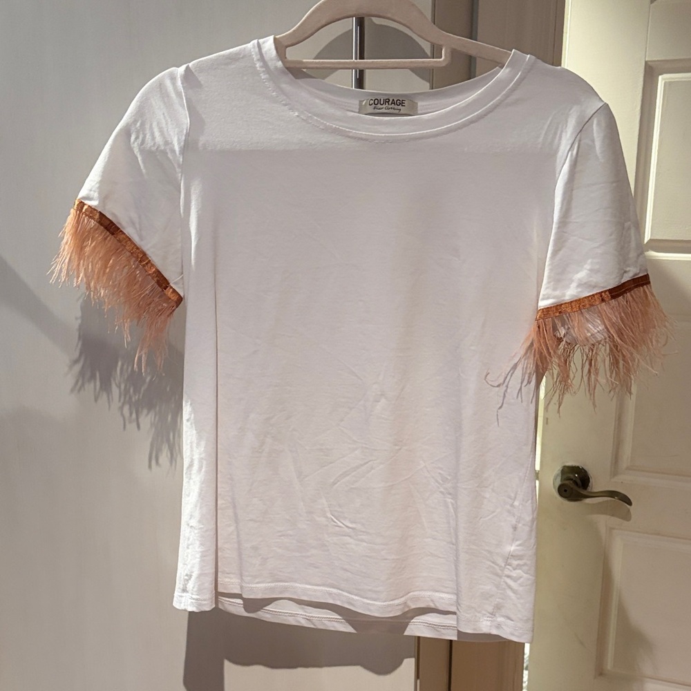 White T-Shirt with Feather Trim
